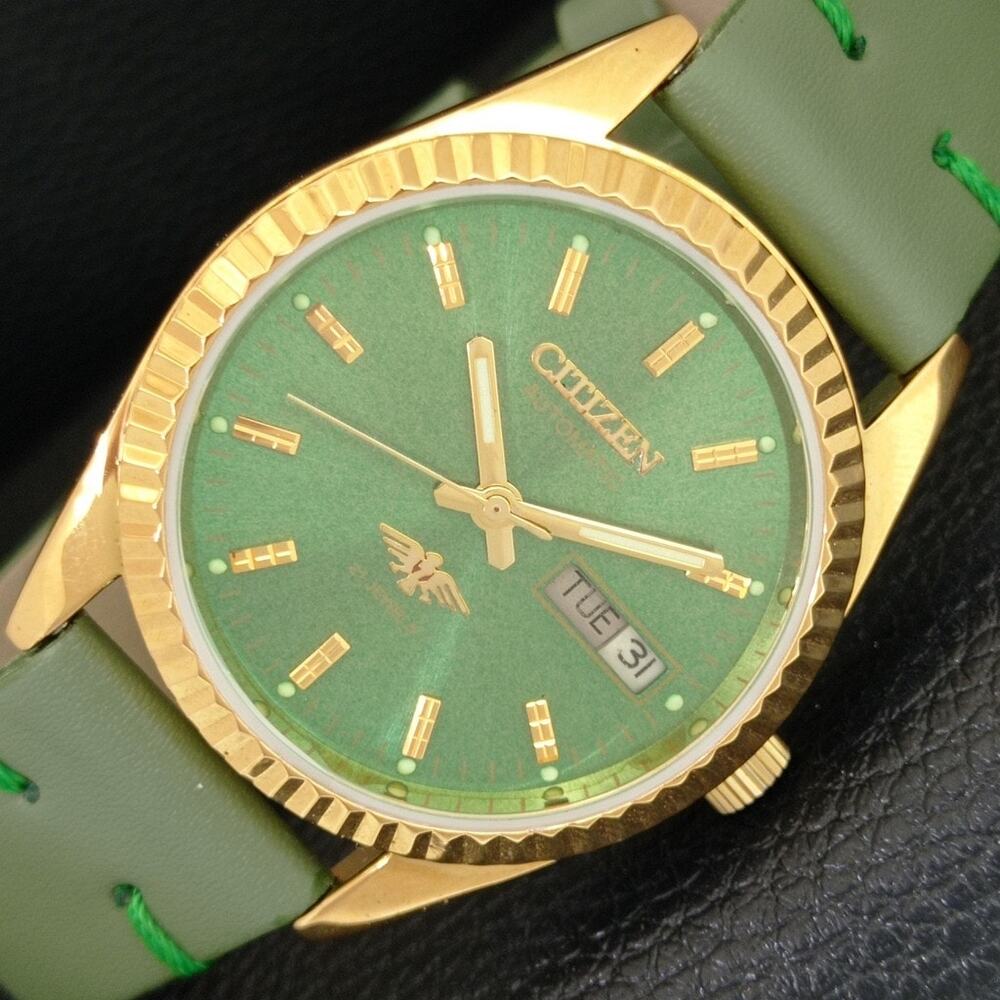 Vintage 1988 Citizen Automatic Mens Gold Watch W/daydate & Green accents